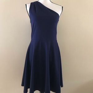 Love...Andy One Shoulder Flare Navy Dress